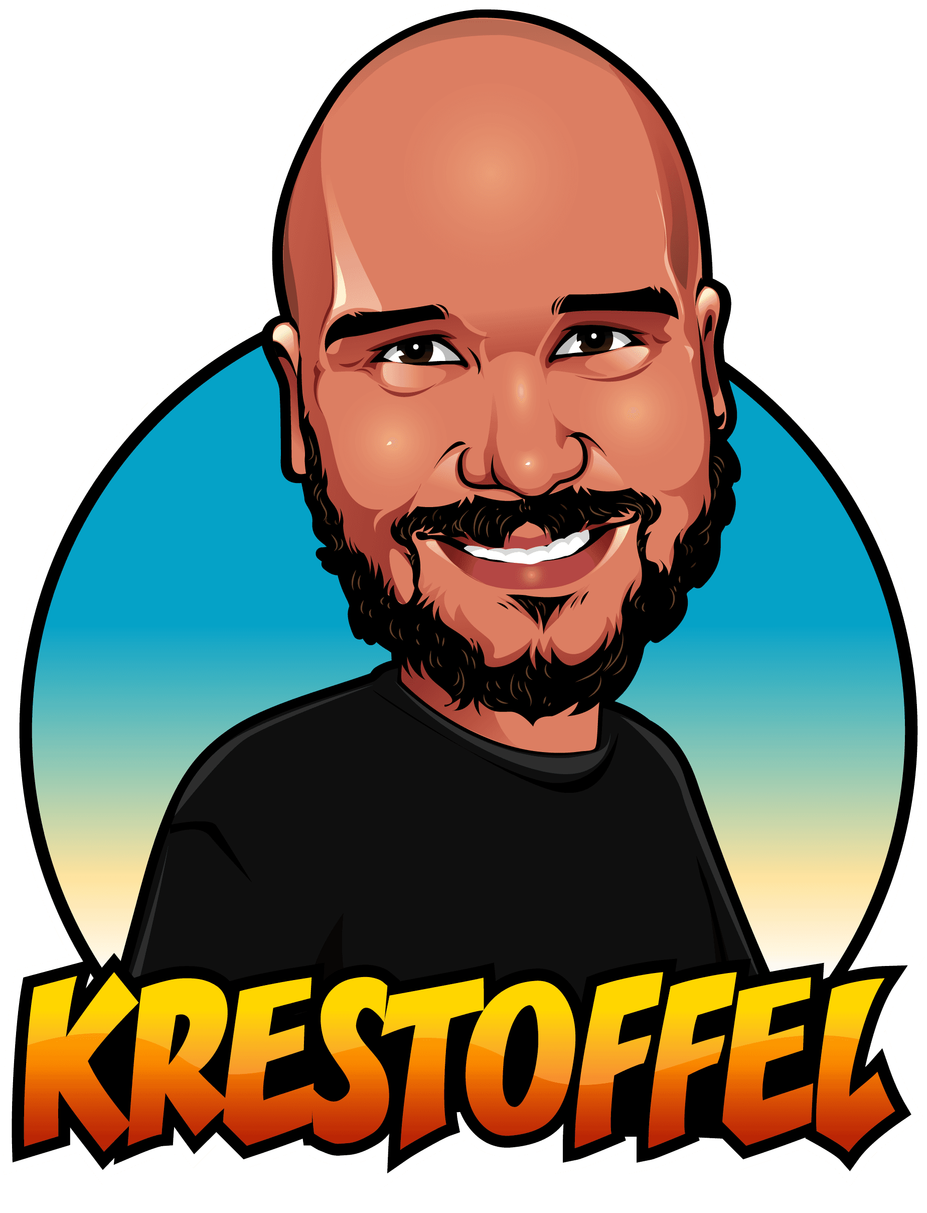 Das Logo von Krestoffel. Es zeigt seinen Kopf als Cartoon Charakter mit dem Schriftzug Krestoffel darunter.