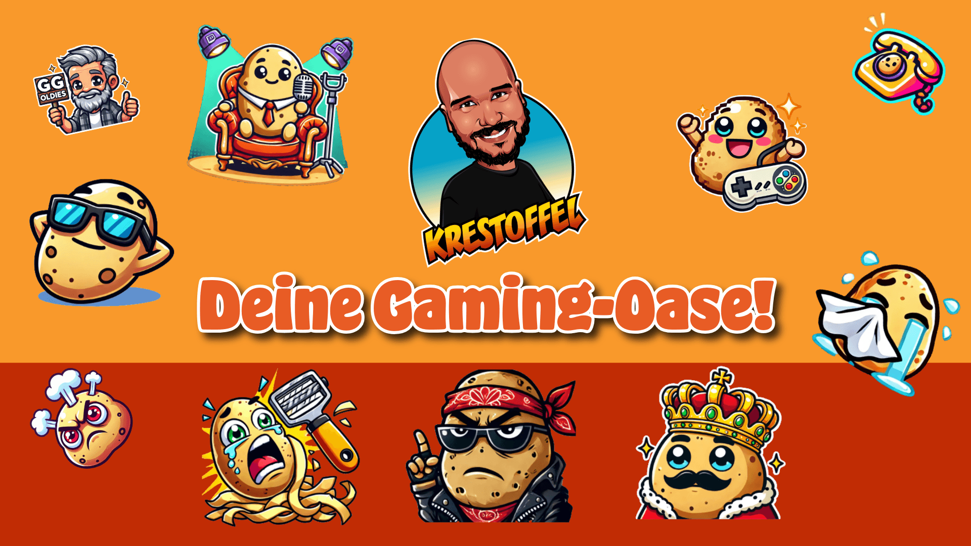 Bild von Krestoffel mit seinen Emotes von Twitch auf orangenem Hintergrund mit der Aufschrift Deine Gaming Oase!